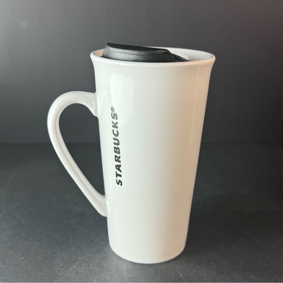 Starbucks 2013 Tall Coffee Mug with Lid White Ceramic Black Mermaid Logo 16 Oz - Picture 7 of 11